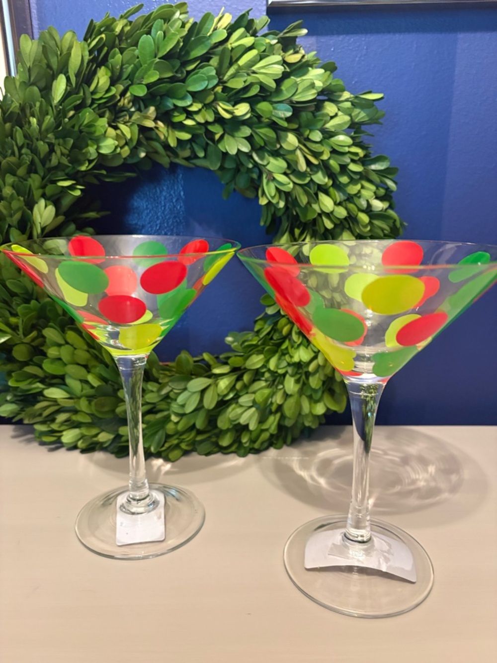 Burton and Burton Set of 2 Polka Dot Martini Glasses - Green and Red Dots
